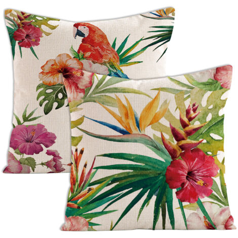 Ensemble de 2 housses de coussin décoratives à motifs floraux tropicaux, palmiers, feuilles et perroquets. Dimensions standard carrées (45,7 x 45,7 cm). Style aquarelle estival. (1/5)