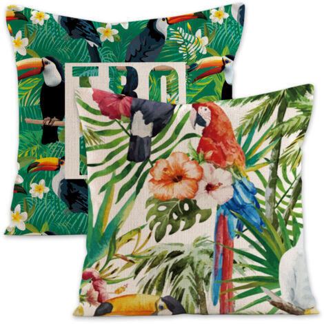 Ensemble de 2 housses de coussin décoratives à motifs floraux tropicaux, palmiers, feuilles et perroquets. Dimensions standard carrées : 45,7 x 45,7 cm (18 x 18 pouces). (1/5)