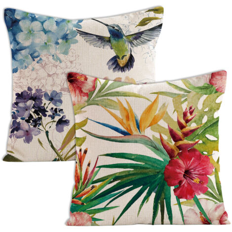 Ensemble de 2 housses de coussin décoratives à motifs floraux tropicaux, palmiers, feuilles et perroquets. Dimensions standard carrées : 45,7 x 45,7 cm (18 x 18 pouces). (1/5)
