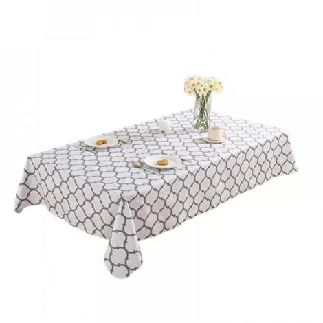 Nappe rectangulaire en polyester marocain imperméable et infroissable - Housse de table lavable - 152 x 259 cm (60 x 102 pouces) - Blanc et gris (1/5)