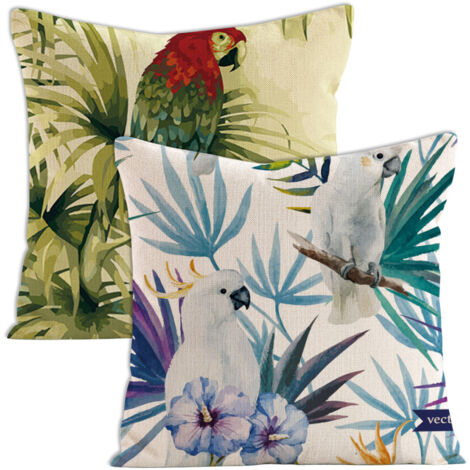 Ensemble de 2 housses de coussin décoratives à motifs floraux tropicaux, palmiers, feuilles et perroquets. Dimensions standard carrées (45,7 x 45,7 cm). Style aquarelle estival. (1/5)