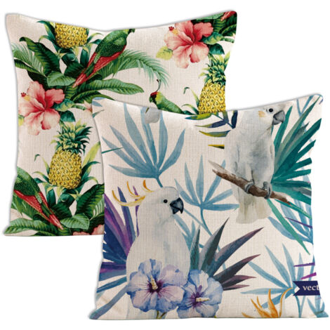 Ensemble de 2 housses de coussin décoratives à motifs floraux tropicaux, palmiers, feuilles et perroquets. Dimensions standard carrées : 45,7 x 45,7 cm (18 x 18 pouces). (1/5)