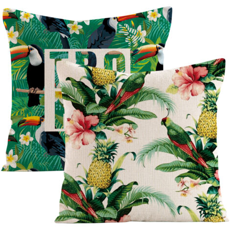 Ensemble de 2 housses de coussin décoratives à motifs floraux tropicaux, palmiers, feuilles et perroquets. Dimensions standard carrées (45,7 x 45,7 cm). Style aquarelle estival. (1/5)