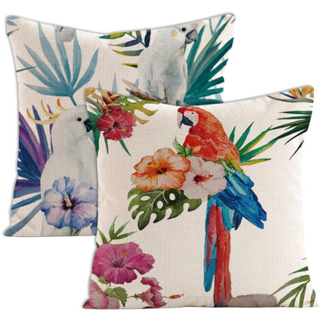 Ensemble de 2 housses de coussin décoratives à motifs floraux tropicaux (fleurs, palmiers, feuilles, flamants roses, perroquets, oiseaux), format carré standard 45 x 45 cm, style aquarelle estivale. (1/5)