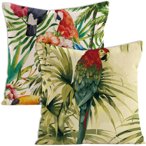 Ensemble de 2 housses de coussin décoratives à motifs floraux tropicaux (fleurs, palmiers, feuilles, flamants roses, perroquets, oiseaux), format carré standard 45 x 45 cm, style aquarelle estivale. (1/5)