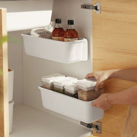 Deux paniers de rangement pour armoire de cuisine, un tiroir de rangement coulissant en plastique, un support de rangement sous l'évier et un tiroir blanc sous l'évier pour la cuisine/salle de bain. (1/5)