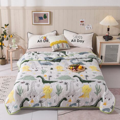 Couette en pur coton, lavable, brodée, matelassée aux ultrasons, en coton doux pour la peau, confortable et respirante, motif dinosaures d'été, 150 x 200 cm (1/5)