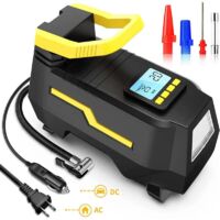 Compresseur à Air 220V 12V 150PSI AC DC Double Alimentation, Gonfleur Pneus Voiture pour Vélo Moto Balle, avec Lampe LED, Jeu d'Adaptateur, Buse, Valve Presta, Câbles-noir
