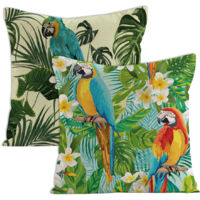 Ensemble de 2 housses de coussin décoratives à motifs floraux tropicaux, palmiers, feuilles et perroquets. Dimensions standard carrées : 45,7 x 45,7 cm (18 x 18 pouces).