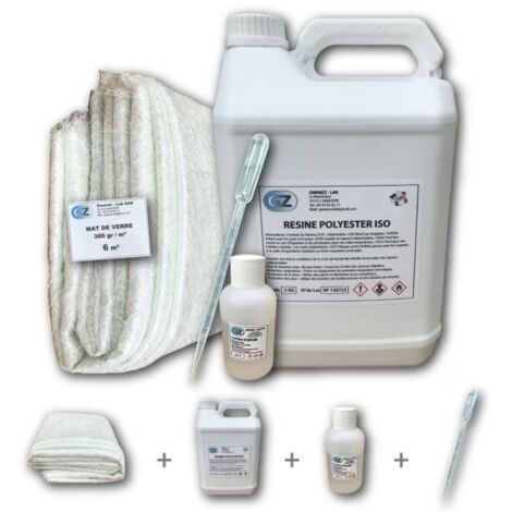 6 m² Tissu de verre 300 gr/m² + 5 Kg Résine Polyester + Catalyseur + Pipette dosage 10 ml