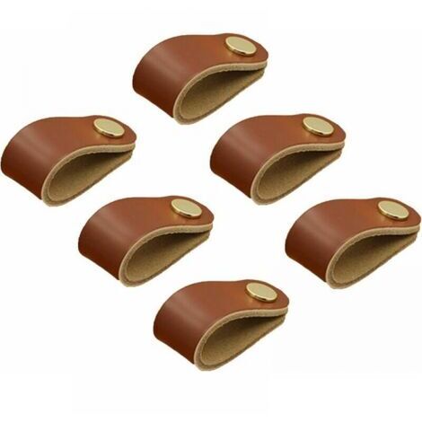 Set of 6 Leather Handles, Leather Furniture Handles, Leather Knob Handles, Leather Kitchen Cabinet Handles, Thin Leather Handles with Screws (Brown) (1/5)