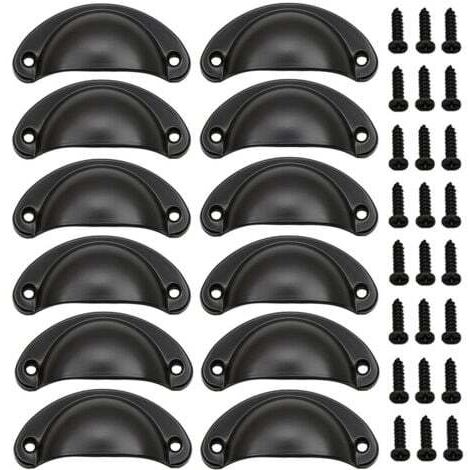 (Black) Set of 12 vintage shell handles, vintage iron door handles with screws for furniture, dressers and kitchen cabinets (1/5)