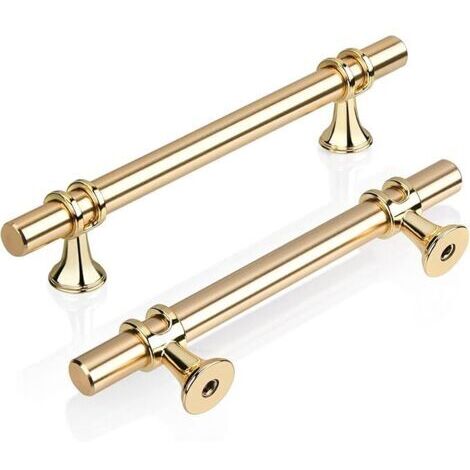 Set of 2 Golden T Handle Furniture Kitchen 96mm, Modern Elegant Gold Cabinet Door Handle Zinc Alloy Drawer Knob for Kitchen, Bathroom, Bedroom, Office Included Screws (1/5)