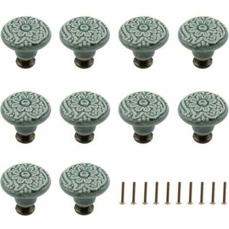 Set of 10 decorative ceramic knobs for drawers (green), cabinets, dressers, shelves, pull handles, furniture, decorative pull tool with mounting screws (1/5)