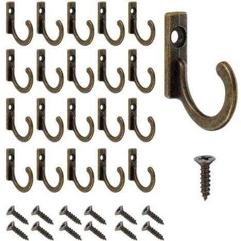 Lot de 20 crochets muraux vintage vintage en bronze avec vis - Petits crochets de garde-robe à visser pour bol, bijoux, serviettes, salle de bain, cuisine (1/4)