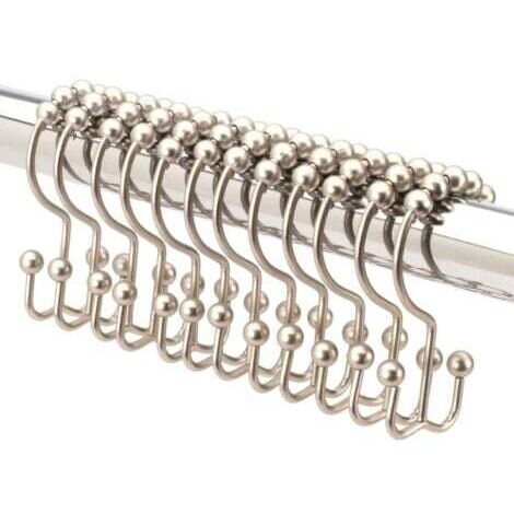 12 pcs Crochet Rideau De Douche Doubles en Nickel Brossé. Anneau Rideau Douche en Acier Inoxydable De Qualité Supérieure. Boules à roulettes Coulissantes sur Barre De Douche Extensible