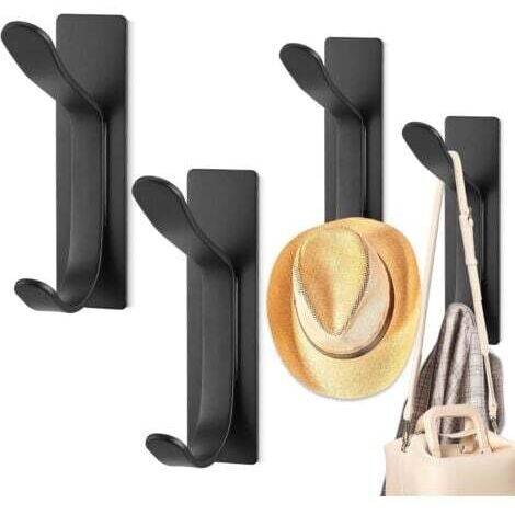 (4Pcs)Porte Manteau Mural sans Percage, Noir Crochet Mural Solides, Accroche Serviette Salle de Bain Inoxydable, Conception à Double Crochet Porte Manteau, Patere Salle de Bain pour Manteau Serviette