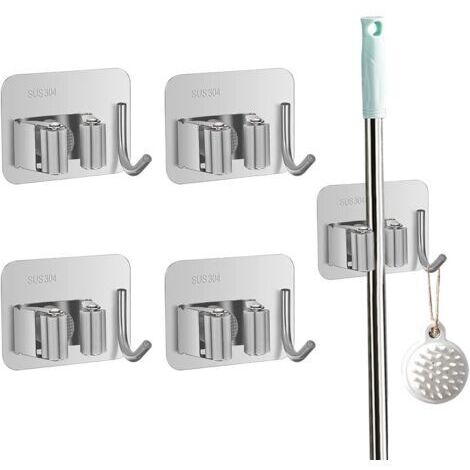 4Pcs Accroche Balai Mural -Argent Porte Balais Mural Sans Percage avec Crochets, Support Balais Mural Auto Adhésif en Acier Inoxydable, Organisateur de Outils Rangement Balai pour Cuisine Garage (1/5)