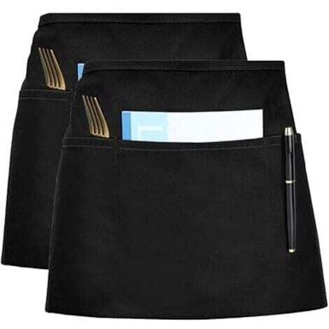 Tabliers de Cuisine, Tablier Serveur Tablier Noir avec Sangle Réglable et 3 Poches Tablier Court pour Hommes Femmes Serveurs 2 Pack