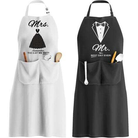 Mr. & Mrs. Tablier, Reglable Tablier avec 2 Poche, Couple Tablier Cadeau pour Anniversaire Mariage, Saint Valentin, Fête des (Noir & Blanc)2 Pièces (1/5)
