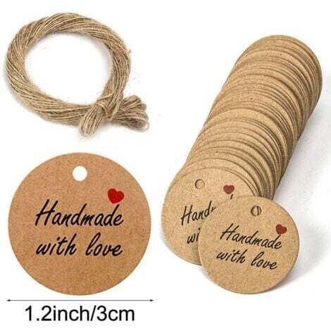 100PCS Papier Kraft Etiquette Étiquettes Cadeau 3x3cm Étiquette Ronde Etiquettes Kraft Étiquette de Mariage avec Ficelle pour Dragees Noël Anniversaire Communion (Marron)
