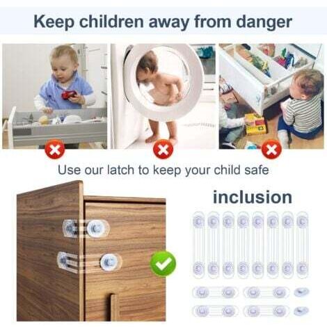 12 Sécurités Enfants Adhésives - Pour Tiroirs, Portes, Frigo, WC - Installation Facile Sans Perçage - Blanc - 11