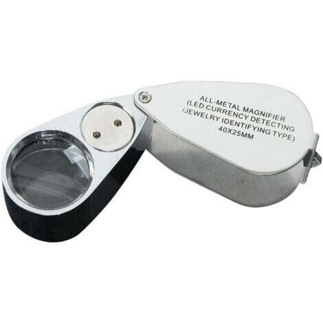 Loupe de bijoutier 40X Loupe Pliante en métal avec loupe à lumière UV LED pour Diamants bijoutiers pièces de Monnaie (Reconnaissance de Devise/Identification de Bijoux)