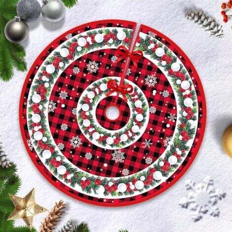 90cm Jupe Sapin de Noël, Couvre Pied, Arbre Decoration, Joyeux Tapis pour Couronne en Treillis Rouge (1/5)