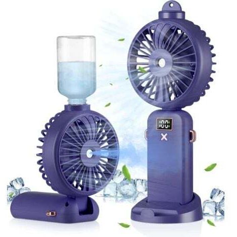 Ventilateur brumisateur portable, rechargeable, 5 vitesses, pliable à 90°, idéal pour le camping, la maison et le bureau, violet