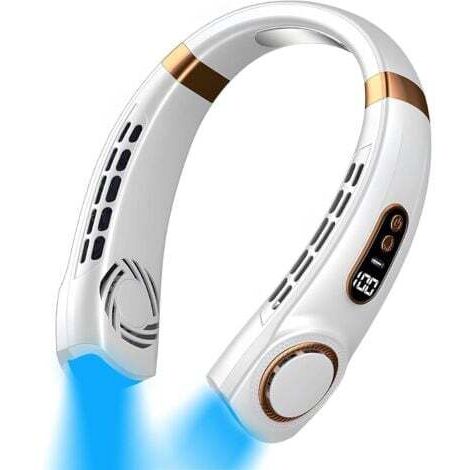 Ventilateur de cou portable à LED, 5 vitesses de ventilation réglables, rechargeable par USB, pour femme, camping, voyage, extérieur, blanc (1/5)