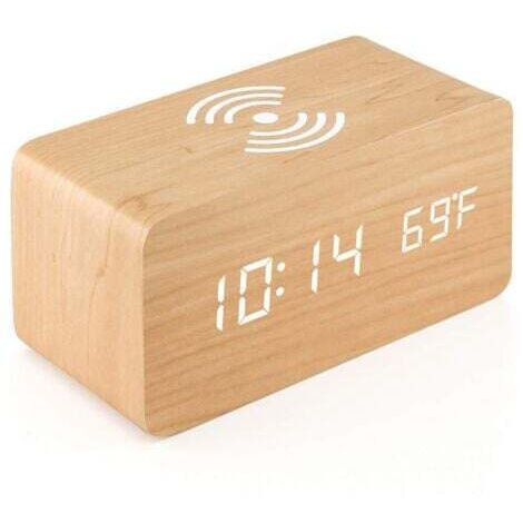 Thermomètre Numérique Réveil Réveil Numérique Bois Réveil À Bois LED Digital avec Chargeur sans Fil, Réveil en Bois avec Chargeur À Induction Chargeur sans Fil pour Chambre/Bureau (1/5)