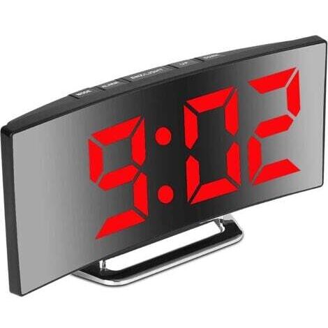 Réveil numérique pour chambre, écran miroir LED 7", 2 niveaux de luminosité, format 12/24 heures, température, date, veilleuse, fonction répétition, alimentation USB (rouge)