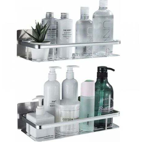 2PCS Douche en aluminium sans perçage, argent, rangement de salle de bain résistant à la rouille, étagères de salle de bain auto-adhésives, chariot de douche sans perçage avec 4 crochets (1/4)