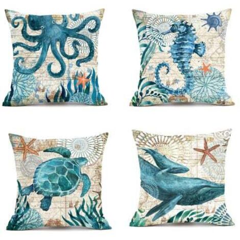 45x45cm Extérieur Housse De Coussin, Lot De 4 Imperméable La Vie Marine Bleue Motif Canapé Taie D'oreiller Pour Patio Jardin Salon Chambre Décoration (1/5)