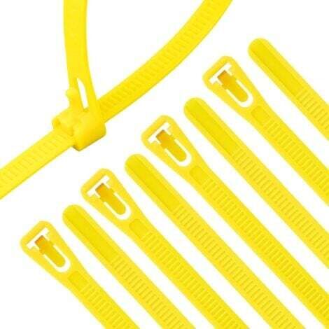 Lot de 100 serre-câbles réutilisables en plastique jaune, 300 mm x 7,5 mm, en nylon, résistants aux UV