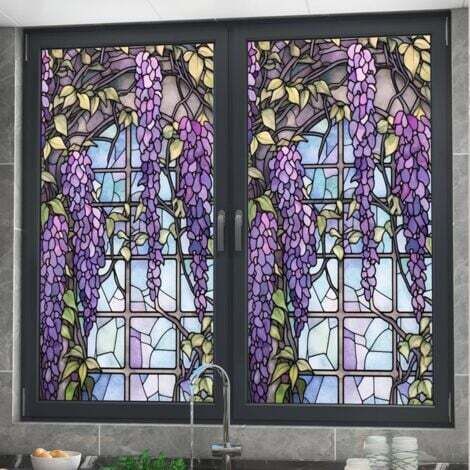 (45x200cm)Film de fenêtre à motif floral pour vitrail - Blocage UV - Isolation thermique - Motif violet - Pour décoration de fenêtre - (1/5)