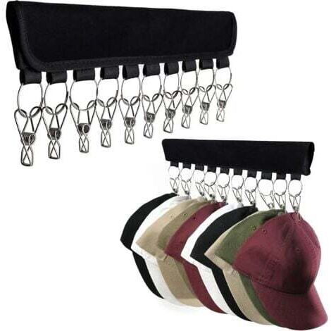 Boîte de rangement pour chapeaux en 2 pièces avec 10 grands clips, adaptée pour suspendre des casquettes de baseball, des chapeaux d'hiver et des accessoires, compatible avec des cintres de différente