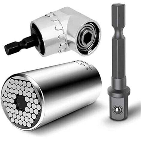 Clé à cliquet universelle multifonction 7 mm-19 mm, adaptateur de perceuse à clé métrique et foret de tournevis électrique à extension à angle droit de 105 degrés, foret magnétique hexagonal 1/4 pouce (1/4)