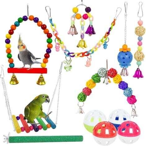 Ensemble de 12 pièces de balançoire de jouet à mâcher d'oiseau de jouet de perroquet, balançoire de jouet d'oiseau coloré, échelle de pont, jouet de cloche suspendue, jouet à mâcher d'oiseau
