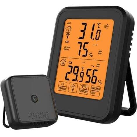 Thermomètre Hygromètre Numérique,Chambre - Noir,Thermomètre Hygrometre Intérieur et Extérieur, avec Capteur Extérieure sans Fil, Rétroéclairage LCD℃/℉ (1/5)
