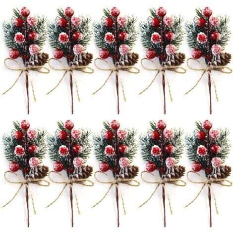 Lot de 10 tiges de Baies de Noël Rouges de 20 cm - Petits Pics et Sprays de Noël artificiels avec Pommes de pin, Houx, Baies de Noël, décorations de Fleurs pour couronnes de Noël