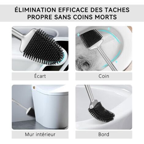 Support Brosse Toilette Brosse WC Silicone Avec Support - Brosse Toilette Détachable Manche Long, Montage Mural Ou Sol, Noir