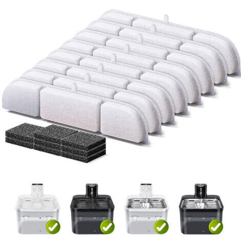 Filtres pour Fontaine à Chat, 8 Filtres à Charbon Actif en Pierre Médicale, Résine échangeuse d'ions et 8 filtres en Mousse pour Fontaine à Eau de 2,5 l pour Chat Sans Fil (Downy Paws)