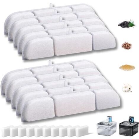 20 Packs Fontaine à Fleur Filtres pour Chat, Filtre à Charbon 10 pièces et Une éponge en Mousse 10 pièces pour 2,5 L Fontaines à Eau pour Chat à Piles à DPWFP6 avec la résine et Charbon Actif