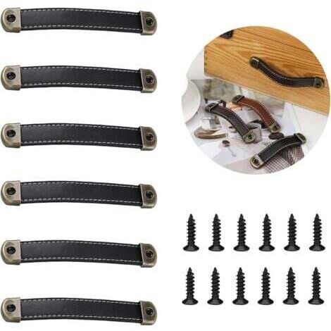 6 pcs Poignée Meuble , Poignée de Porte en Cuir, Bouton de Portes Placard Poignee Cuir Bouton de Tiroir, pour Les Armoires de Cuisine, Armoire, Salle de Bain（Noir） (1/5)