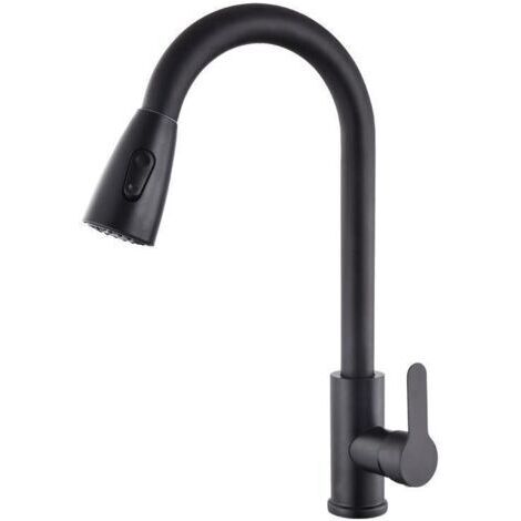 Robinet d'évier de cuisine télescopique rotatif chaud et froid en acier inoxydable noir