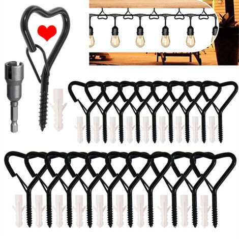 Lot de 20 crochets à visser avec boucle de sécurité, crochets pour lumières extérieures, crochets muraux pour suspendre plantes, tasses, carillons, pots de fleurs (type cardioïde noir)