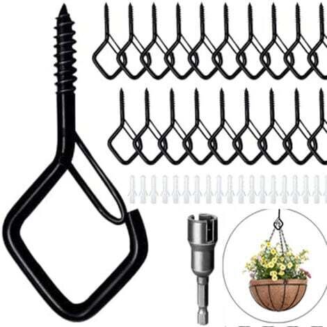 Lot de 20 crochets à visser en acier inoxydable avec sécurité, crochets muraux, crochets de plafond, crochets à vis noirs, peuvent être utilisés pour les plantes, les pots de fleurs, les