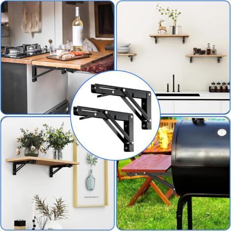 Support D'Étagère Mural Pliable Yiphomn - Équerre Rétractable Fer Laqué Noir Lot De 2