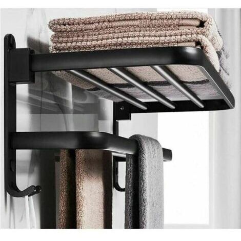 Porte Serviettes Salle de Bains, Étagère de Rangement Pliable Montée , Espace aluminium, Porte Serviette Salle de Bain Mural (40cm，Noir)